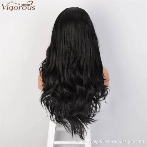 Vigorous Lace Frontal Long Body Wavy Synthetic Wigs For Women Side Part Black Heat Resistant Fiber Wholesale Price